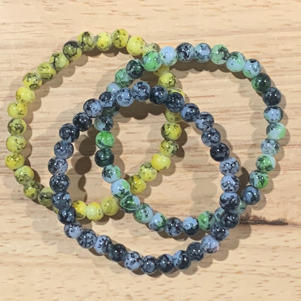 Handcrafted 3pc Beaded Stretch Bracelet Set Blue Green Yellow Speckled Boho New